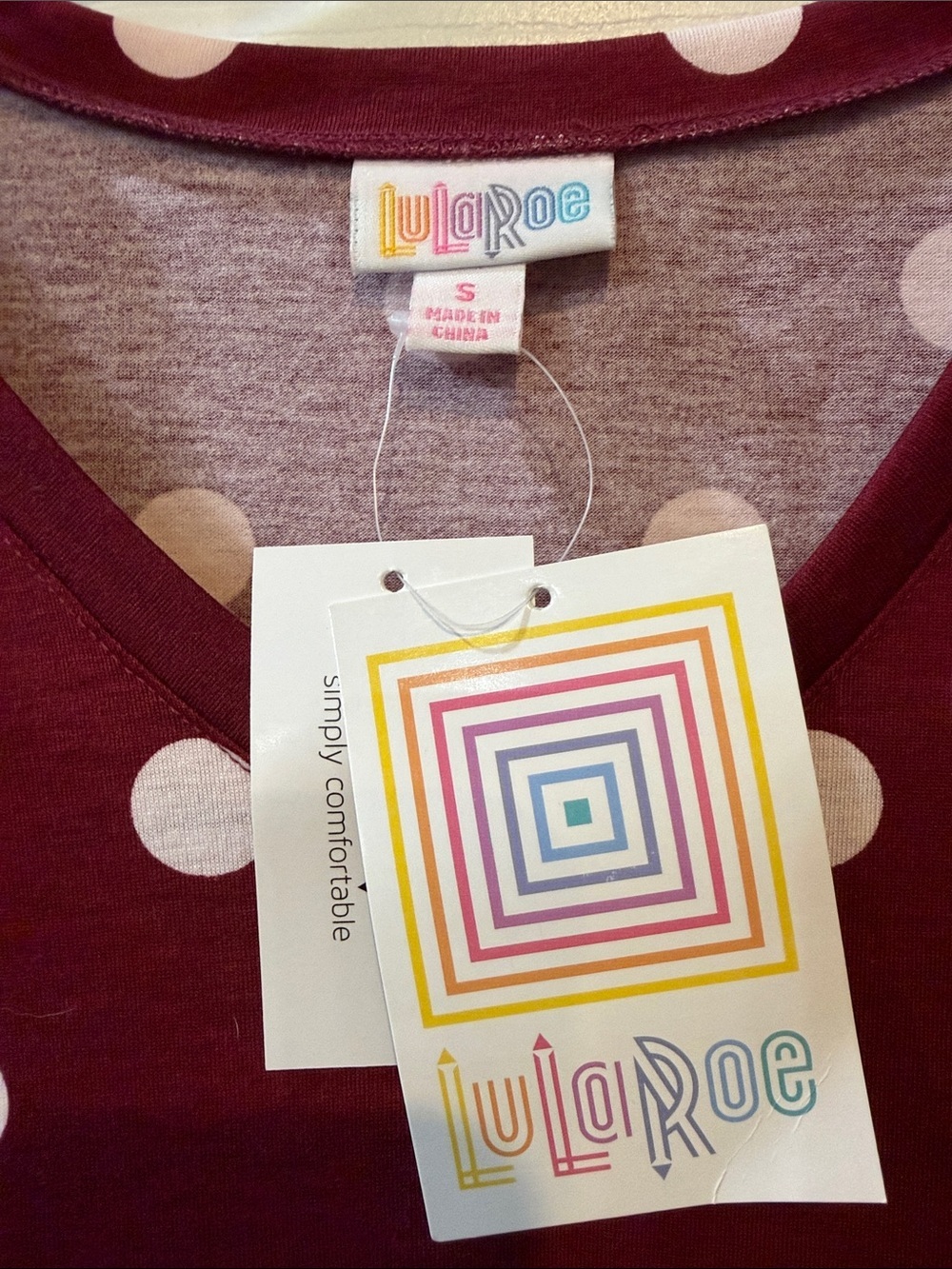 LuLaRoe Emily Style Burgundy with White Polka Dots V-Neck Swing Dress NWT - Picture 2 of 7